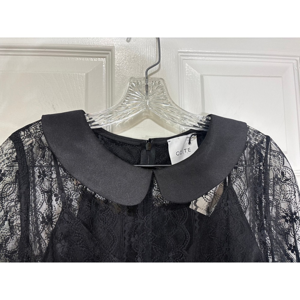 CO-TE Black Lace Dress Peter Pan Collar Ruffles Pockets Made In Italy, Size 46 - Picture 5 of 12